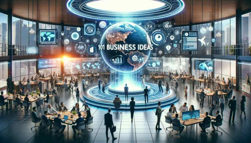 101 business ideas'. The scene shows a large, open workspace filled with people of diverse