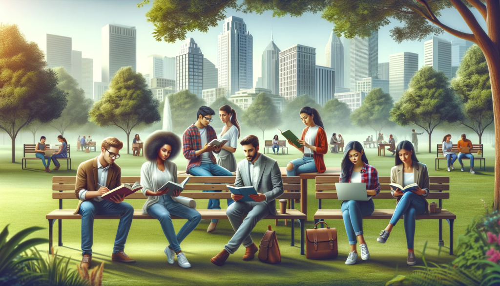 A-diverse-group-of-people-in-an-urban-park-representing-an-educated-population.-The-scene-includes-individuals-of-various-descents_-a-Caucasian-man-r