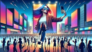 Influencer Marketing - A modern, dynamic scene representing influencer marketing in a 16_9 aspect ratio. The image depicts a stylish influencer in the foreg