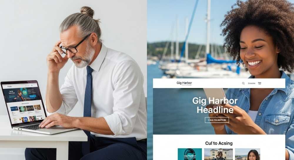 A Gig Harbor business owner looking at a laptop with a website displayed A Gig Harbor business owner looking at a laptop with a website displayed