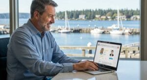 A cheerful Bainbridge Island business owner checking positive customer reviews on a laptop