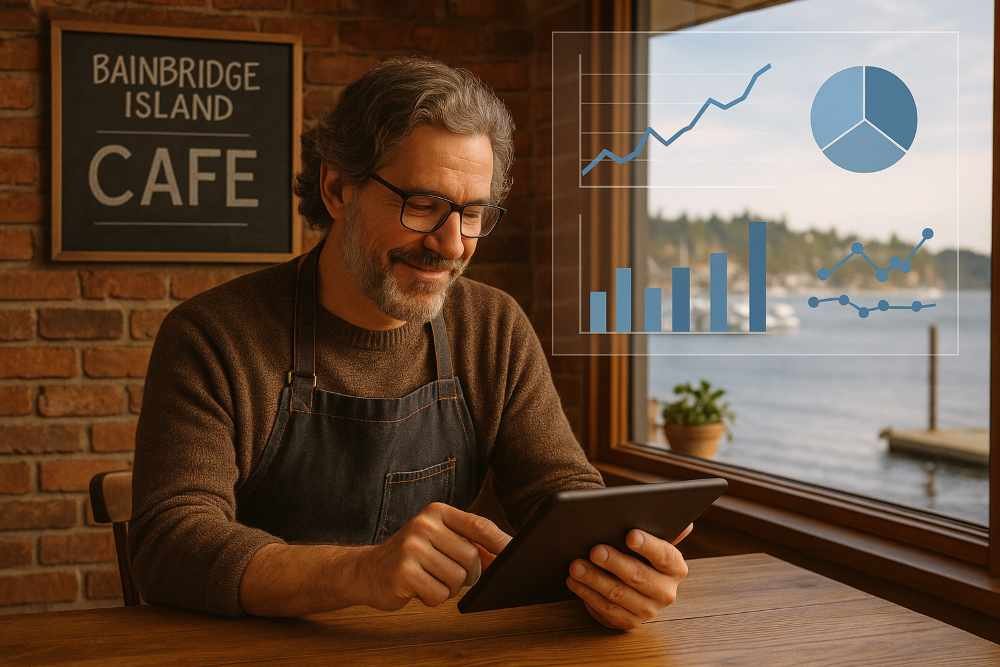 A cozy Bainbridge Island café owner checking Google Analytics data on a tablet