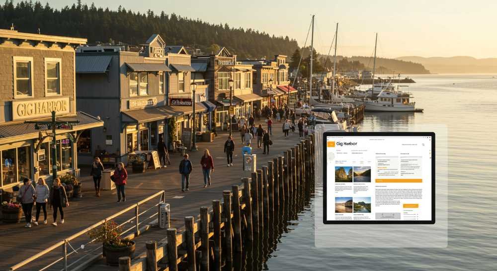 A scenic view of Gig Harbor’s waterfront with people walking along a boardwalk, modern small shops, and boats docked nearby overlaid with light, transparent website interface elements