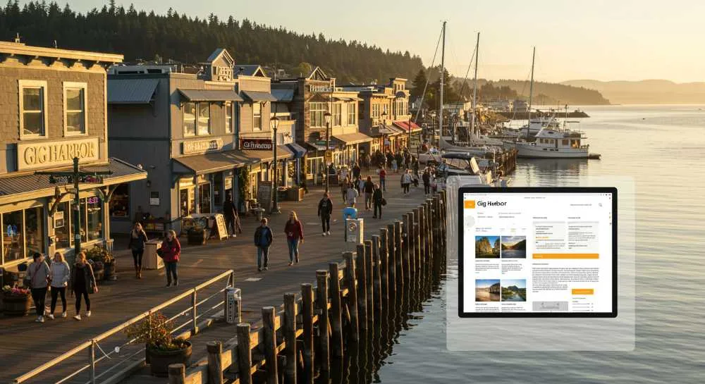 A scenic view of Gig Harbor’s waterfront with people walking along a boardwalk, modern small shops, and boats docked nearby overlaid with light, transparent website interface elements