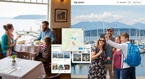 A split-screen image showing a local family enjoying a Gig Harbor cafe on one side and tourists taking selfies near the harbor on the other; web interface elements floating above
