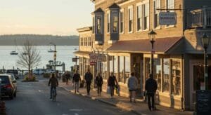 A vibrant Bainbridge Island street scene showing a local business storefront, pedestrians, and water in the background