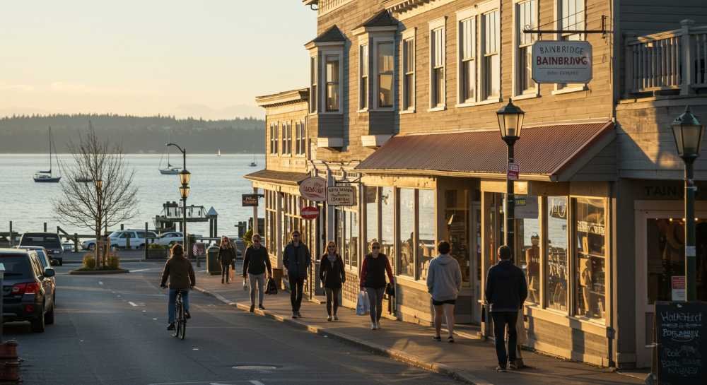 A vibrant Bainbridge Island street scene showing a local business storefront, pedestrians, and water in the background