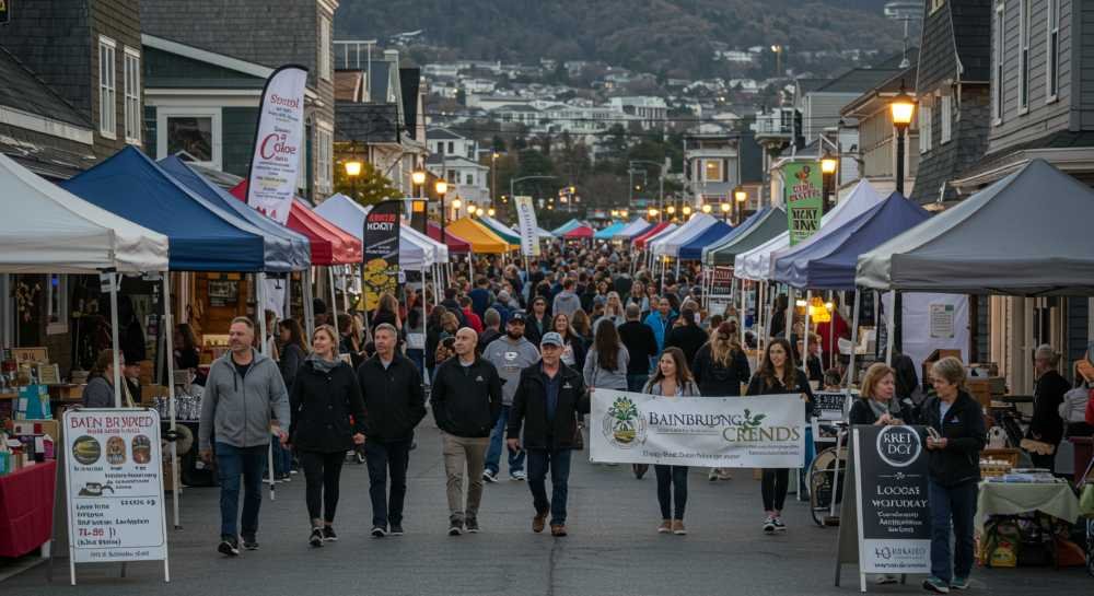 A vibrant local event on Bainbridge Island with small business booths, community members walking, banners, and signage promoting local vendors. Include warm evening lighting, people taking photos