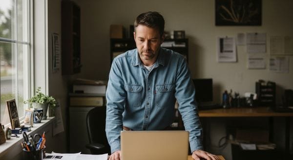 It visually mirrors the internal doubt and recognition the reader feels without dramatizing it.