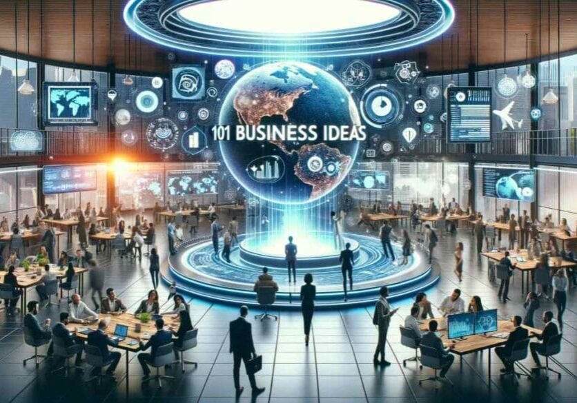 101 business ideas'. The scene shows a large, open workspace filled with people of diverse
