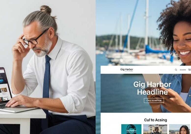 A Gig Harbor business owner looking at a laptop with a website displayed