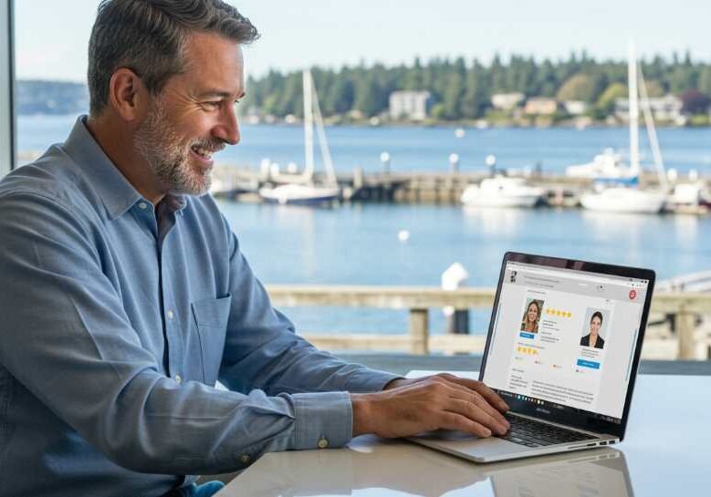 A cheerful Bainbridge Island business owner checking positive customer reviews on a laptop