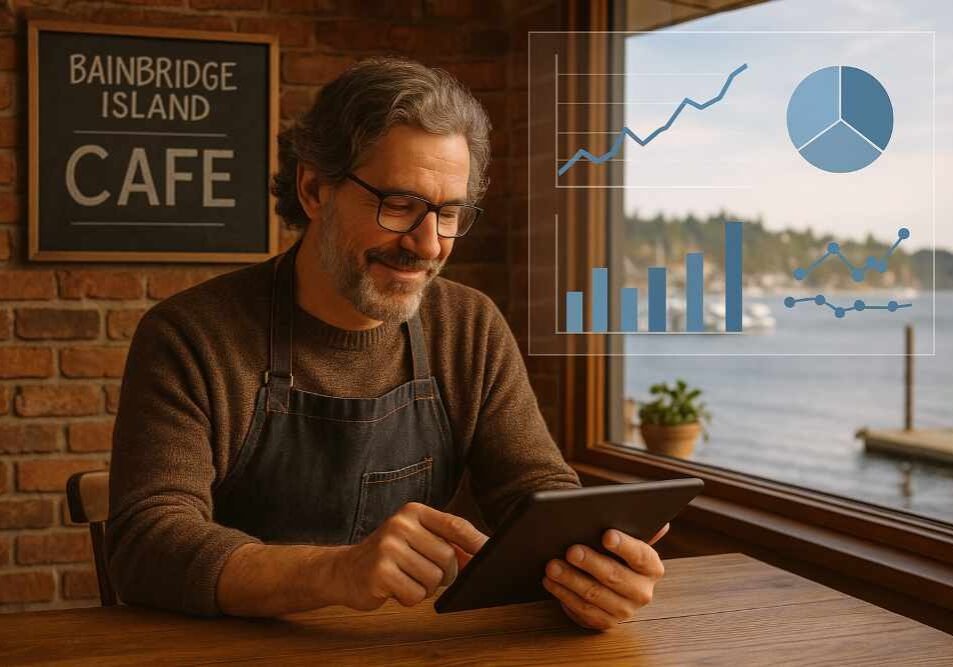 A cozy Bainbridge Island café owner checking Google Analytics data on a tablet