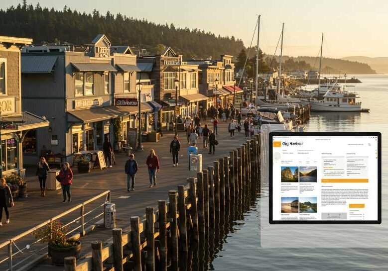 A scenic view of Gig Harbor’s waterfront with people walking along a boardwalk, modern small shops, and boats docked nearby overlaid with light, transparent website interface elements