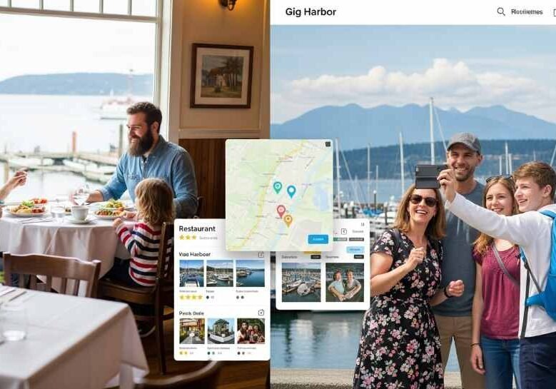 A split-screen image showing a local family enjoying a Gig Harbor cafe on one side and tourists taking selfies near the harbor on the other; web interface elements floating above
