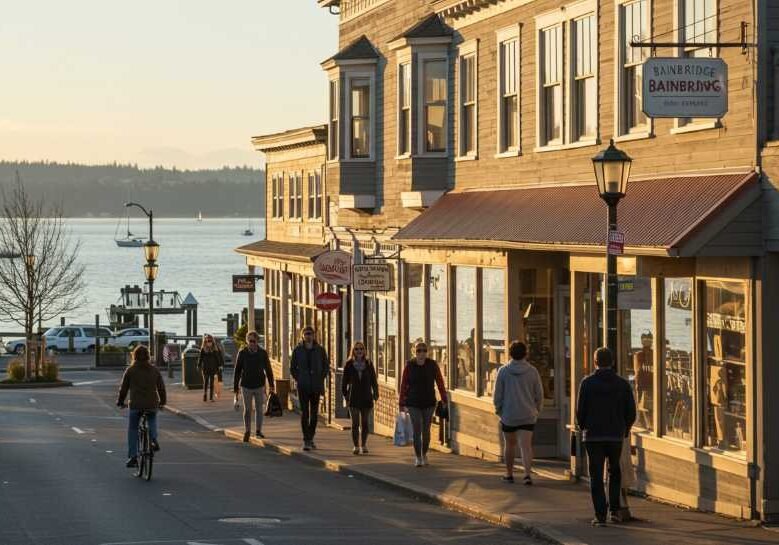 A vibrant Bainbridge Island street scene showing a local business storefront, pedestrians, and water in the background