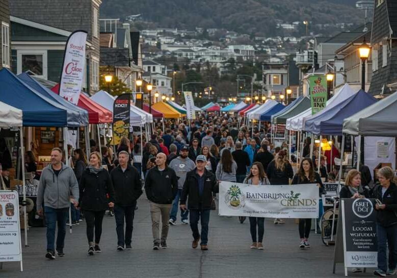 A vibrant local event on Bainbridge Island with small business booths, community members walking, banners, and signage promoting local vendors. Include warm evening lighting, people taking photos