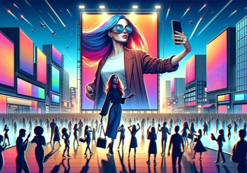 Influencer Marketing - A modern, dynamic scene representing influencer marketing in a 16_9 aspect ratio. The image depicts a stylish influencer in the foreg